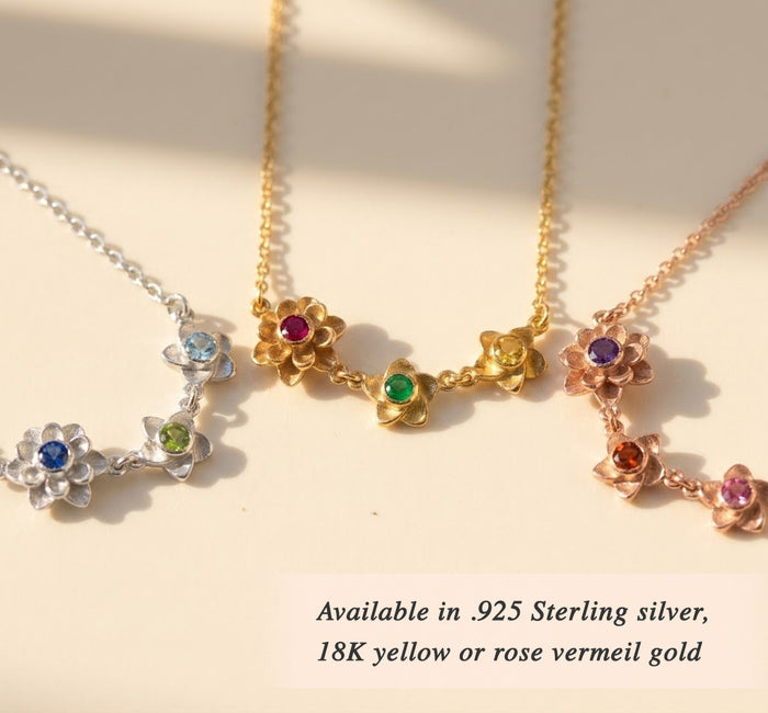 custom birthstone necklace with up to twelve flower charms minimalist in sterling silver or rose gold
