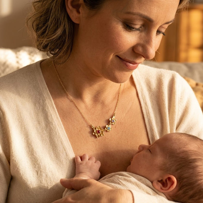 mother and kids birthstone necklace layered delicate chain style representing mother and her baby