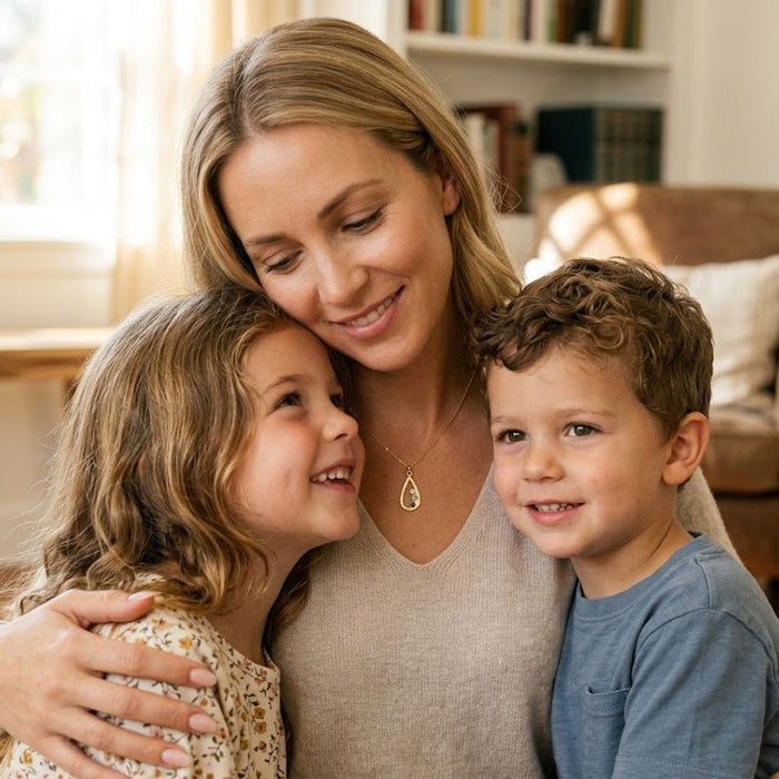 Mom wearing dainty birthstone necklace with children, a sentimental personalized family jewelry gift.