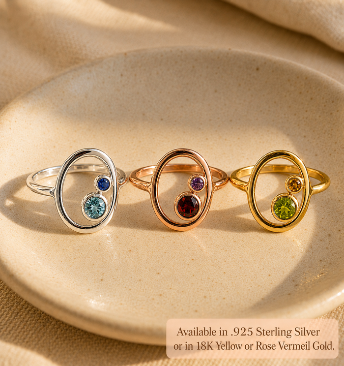 Mother and child birthstone ring shown in sterling silver, yellow gold vermeil, and rose gold vermeil finishes.