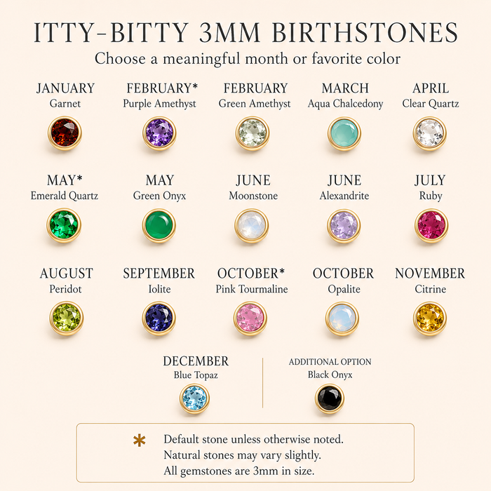 Birthstone chart showing tiny 3mm gemstone choices by month for a personalized birth month necklace.