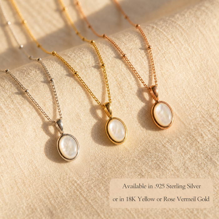 Mother of Pearl necklace shown in sterling silver, yellow gold, and rose gold vermeil finish options.
