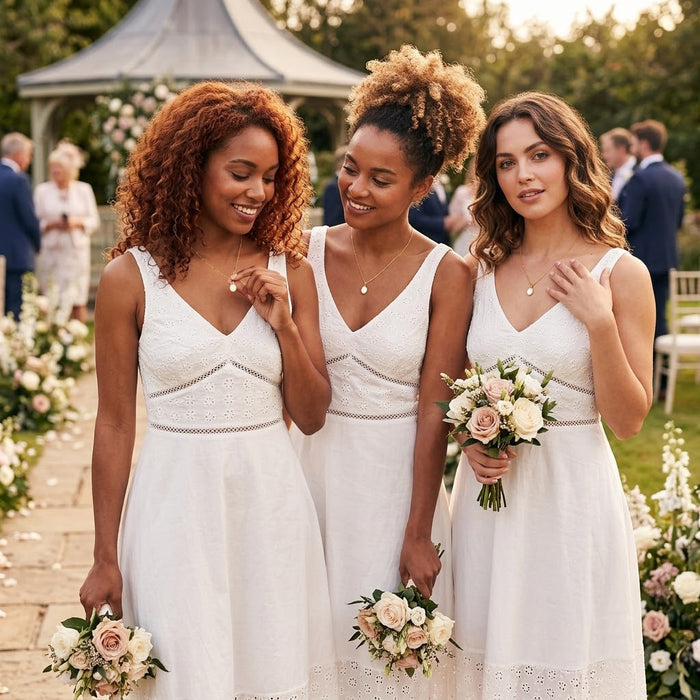 Mother of Pearl necklace styled as bridesmaid jewelry with three women in white dresses.