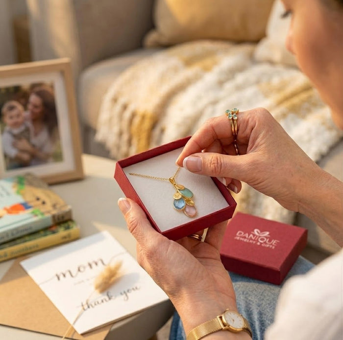 Gift-ready personalized birthstone necklace in Danique Jewelry box, a custom mom or grandma necklace for birthdays, Mother’s Day, or Christmas.