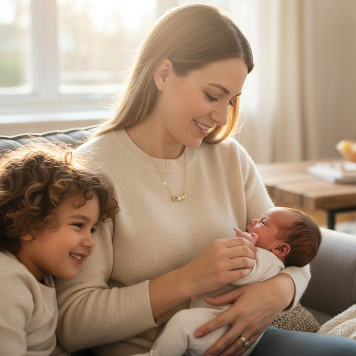 Mother with children and newborn wearing personalized family birthstone necklace.