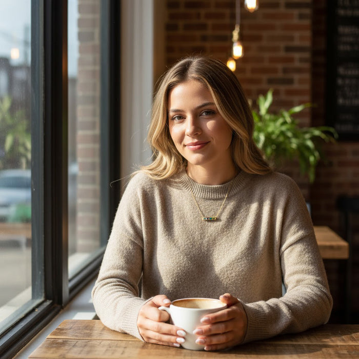Model wearing dainty multi birthstone necklace while sitting by a window.