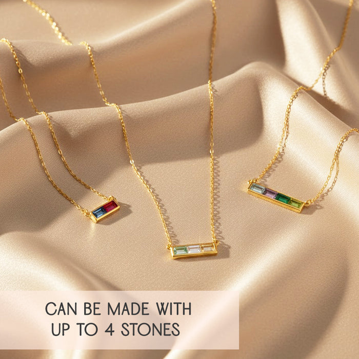 Multi birthstone bar necklace available in sterling silver, yellow gold, or rose gold.