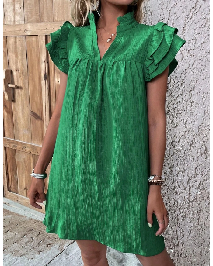 Multi-Layer Lotus Sleeve V-Neck Long Pullover Dress (multiple colors)