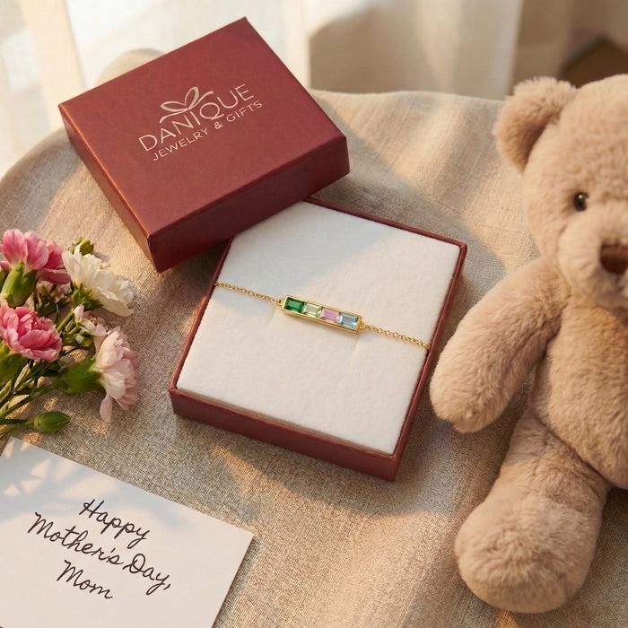 Custom birthstone bar bracelet gift box packaging, personalized engraved bracelet with hidden initials ready for gifting, rectangular birthstone bracelet for women, dainty custom jewelry present for mom, daughter, sister, bridesmaid, or best friend, elegant personalized bracelet in gift box for birthdays, Mother’s Day, Christmas, or special occasions