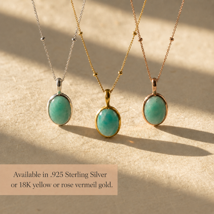 Amazonite oval necklaces shown in sterling silver, yellow gold, and rose gold vermeil finishes.