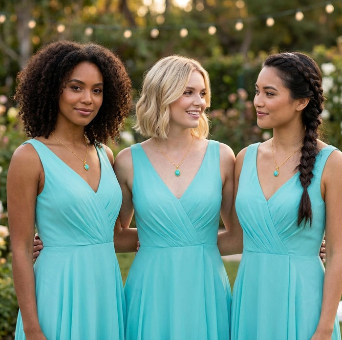 Bridesmaids wearing aqua dresses with matching amazonite gemstone necklaces.