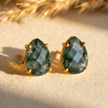 Natural moss agate teardrop stud earrings with faceted green gemstones in yellow gold prong settings