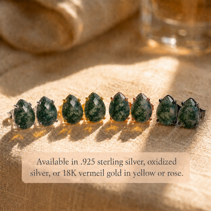 Natural moss agate teardrop stud earrings in silver gold rose gold and oxidized silver finishes