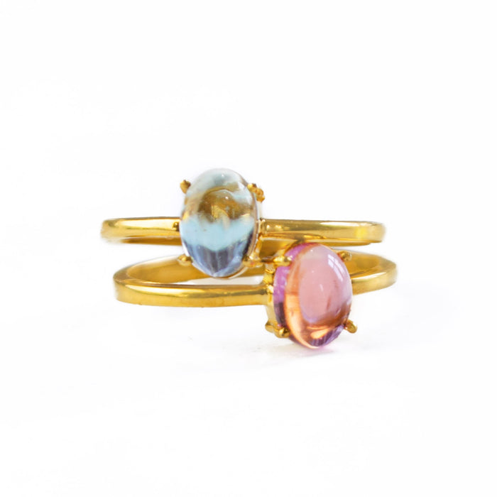 a set of two stackable  prong set rings with Oval natural Ruby and Sapphire cabochon ring. 18K Vermeil Gold Prong Black Star Sapphire Ring, Celestial Jewelry, Star Jewelry, Bridal Jewelry, Black Star Sapphire Oval Solitaire Ring, Dainty Gold Stacking Ring Gift for Her. Ruby and September Birthstone ring set