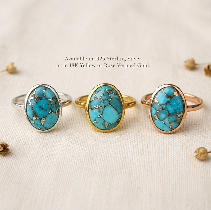 Three oval turquoise rings shown in sterling silver, yellow gold vermeil and rose gold vermeil finishes.