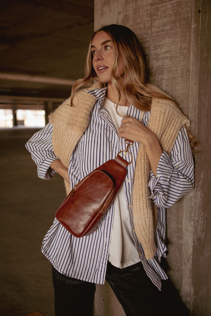 Nikki Sling | Dark Brown Genuine Leather Modern Everyday Bag with Brass Hardware