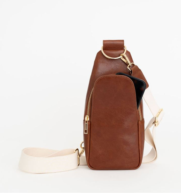 Nikki Sling | Dark Brown Genuine Leather Modern Everyday Bag with Brass Hardware
