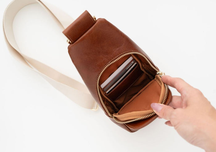 Nikki Sling | Dark Brown Genuine Leather Modern Everyday Bag with Brass Hardware