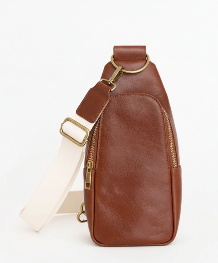 Nikki Sling | Dark Brown Genuine Leather Modern Everyday Bag with Brass Hardware