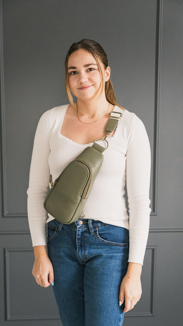 Nikki Sling | Matcha Vegan Leather Modern Everyday Bag with Brass Hardware