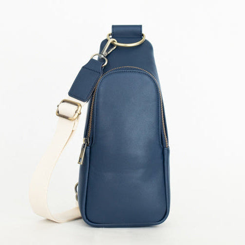 Nikki Sling | Navy Vegan Leather Modern Everyday Bag with Brass Hardware