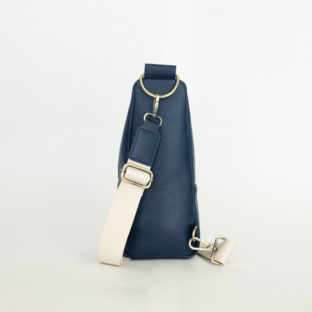 Nikki Sling | Navy Vegan Leather Modern Everyday Bag with Brass Hardware