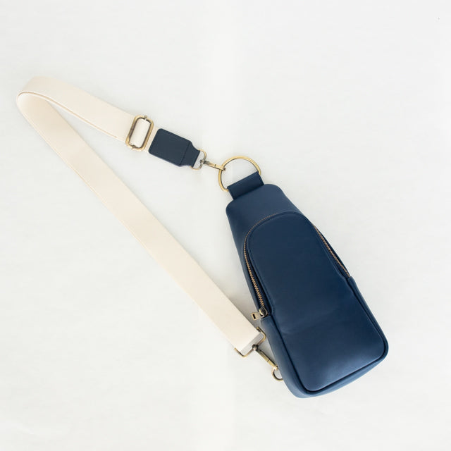 Nikki Sling | Navy Vegan Leather Modern Everyday Bag with Brass Hardware