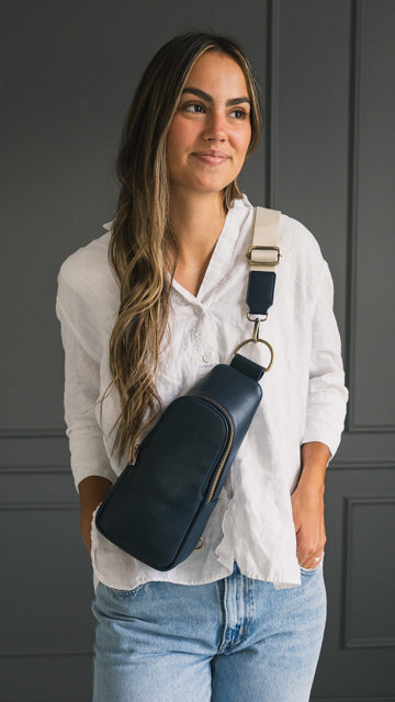 Nikki Sling | Navy Vegan Leather Modern Everyday Bag with Brass Hardware