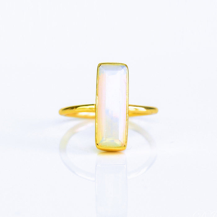 Natural Opalite jewelry, iridescent gemstone ring, bar style Opalite, minimalist Opalite ring, bezel-set stone, Adira Series, unique iridescent design, October birthstone alternative, eye-catching Opalite ring, elegant jewelry, stylish accessory