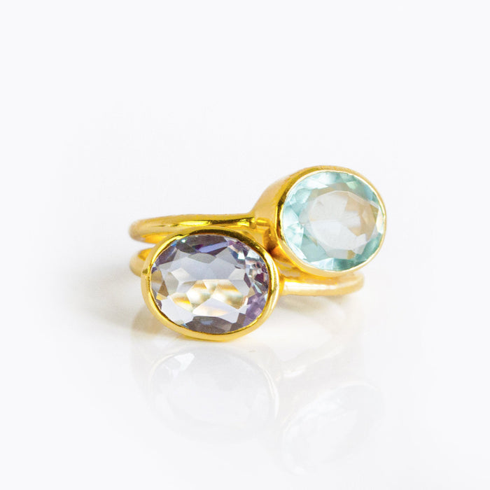 gold plated over sterling silver alexandrite birthstone ring and blue topaz ring set. june birthstone, purple birthstone, purple gemstone, purple gem, birthstone rings stackable bezel set, stacking ring
