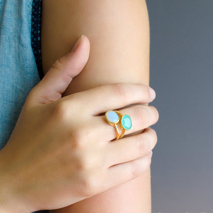 Oval Aqua Chalcedony Ring, Bezel Set March Birthstone Ring in Sterling Silver, Gold or Rose Gold