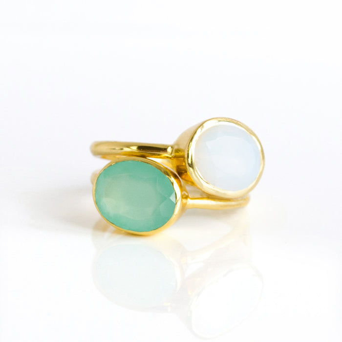 Oval Aqua Chalcedony Ring, Bezel Set March Birthstone Ring in Sterling Silver, Gold or Rose Gold