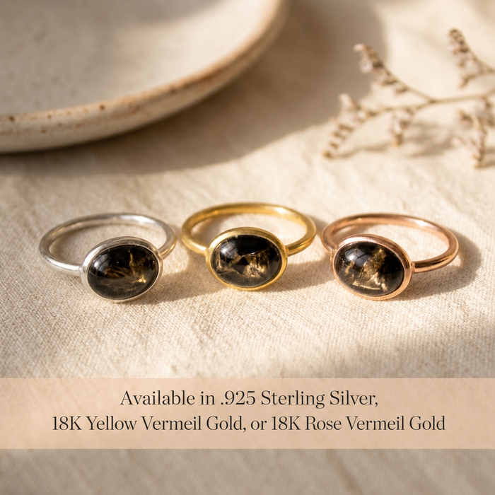Black obsidian cabochon ring shown in sterling silver, yellow gold vermeil, and rose gold vermeil