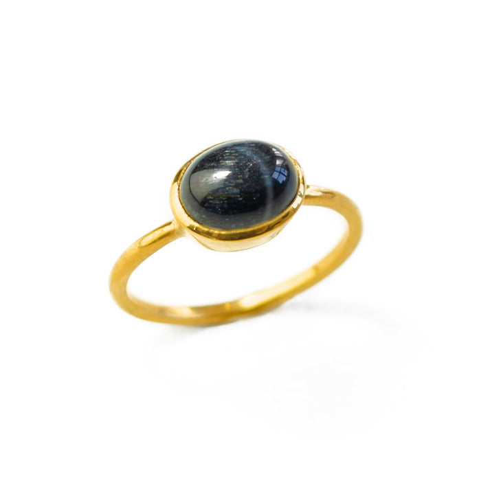 Oval Black Tiger Eye Cabochon Ring, Bezel Set Birthstone Ring in Sterling Silver, Gold or Rose Gold