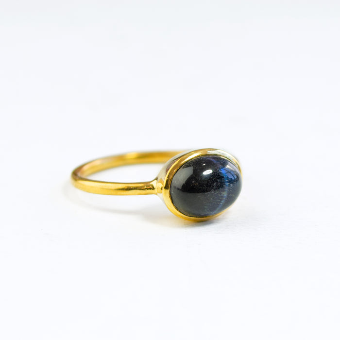 Oval Black Tiger Eye Cabochon Ring, Bezel Set Birthstone Ring in Sterling Silver, Gold or Rose Gold