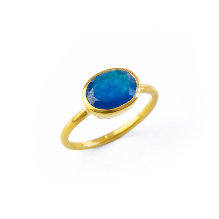Oval Blue Black Jade Ring, Bezel Set Birthstone Ring in Sterling Silver, Gold or Rose Gold