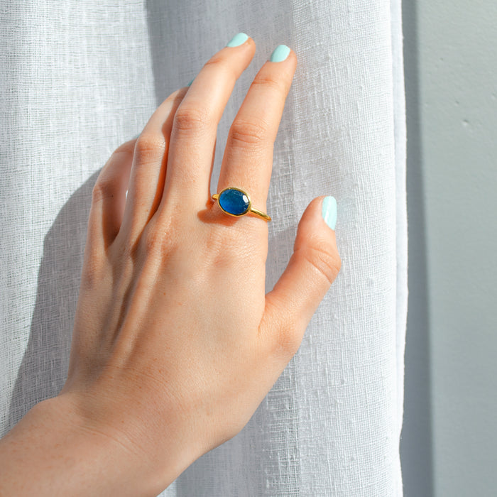 Oval Blue Black Jade Ring, Bezel Set Birthstone Ring in Sterling Silver, Gold or Rose Gold