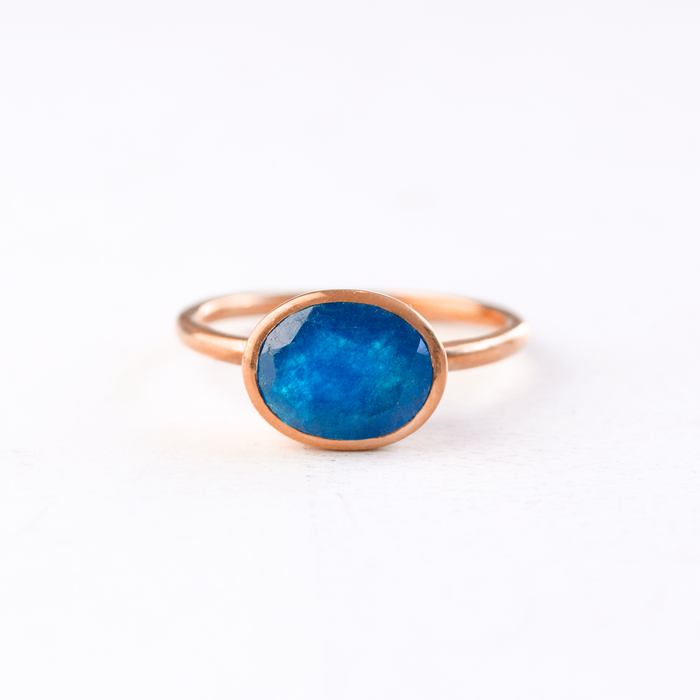 Oval Blue Black Jade Ring, Bezel Set Birthstone Ring in Sterling Silver, Gold or Rose Gold