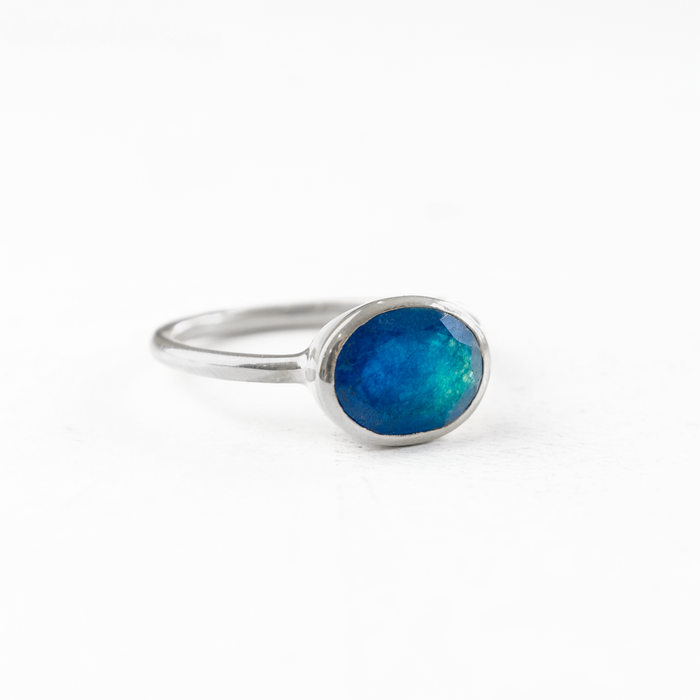 Oval Blue Black Jade Ring, Bezel Set Birthstone Ring in Sterling Silver, Gold or Rose Gold