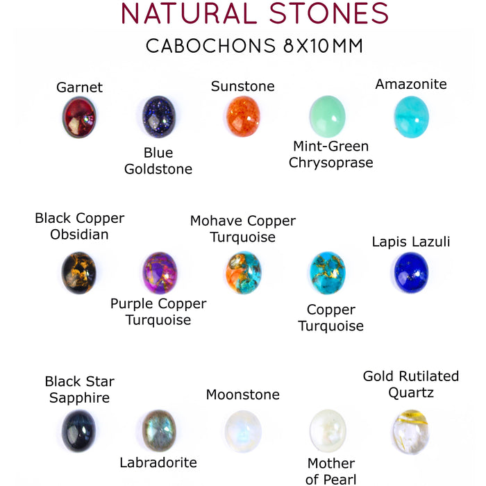 Oval Cabochon Stone Options for Necklace.  Garnet, Blue Goldstone, Sunstone, Mint-Green Chrysoprase, Amazonite, Black Copper Obsidian, Purple Copper Turquoise, Mohave Copper Turquoise, Copper Turquoise, Lapis Lazuli, Black Tiger's Eye