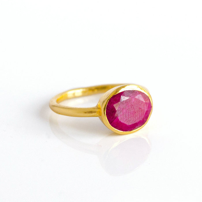 Oval Dyed Ruby Ring, Bezel Set July Birthstone Ring in Sterling Silver, Gold or Rose Gold