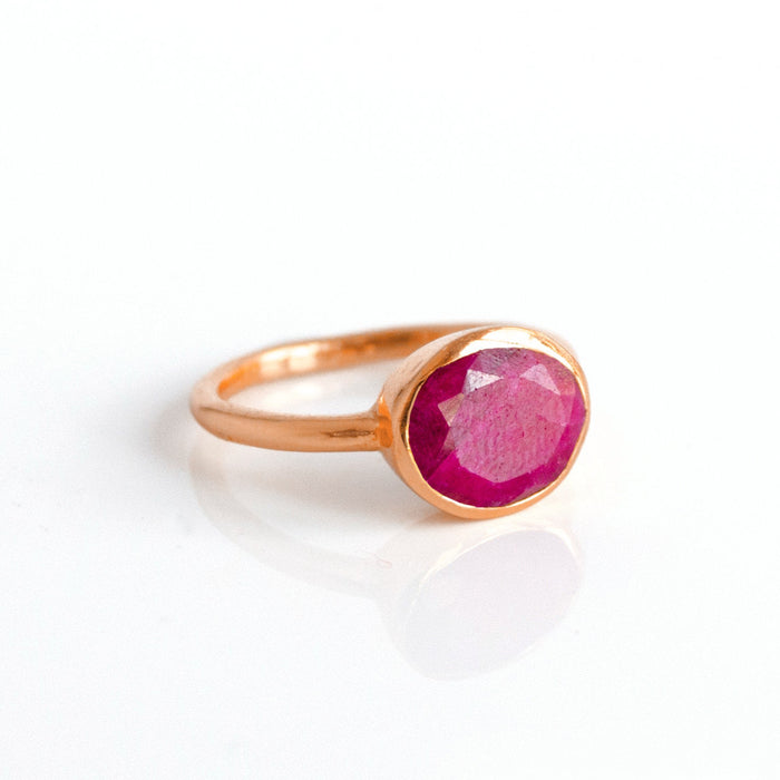 Oval Dyed Ruby Ring, Bezel Set July Birthstone Ring in Sterling Silver, Gold or Rose Gold