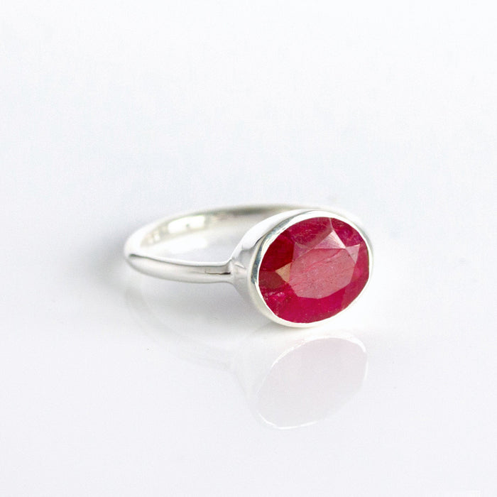 Oval Dyed Ruby Ring, Bezel Set July Birthstone Ring in Sterling Silver, Gold or Rose Gold