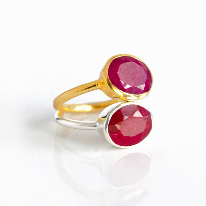 Oval Dyed Ruby Ring, Bezel Set July Birthstone Ring in Sterling Silver, Gold or Rose Gold