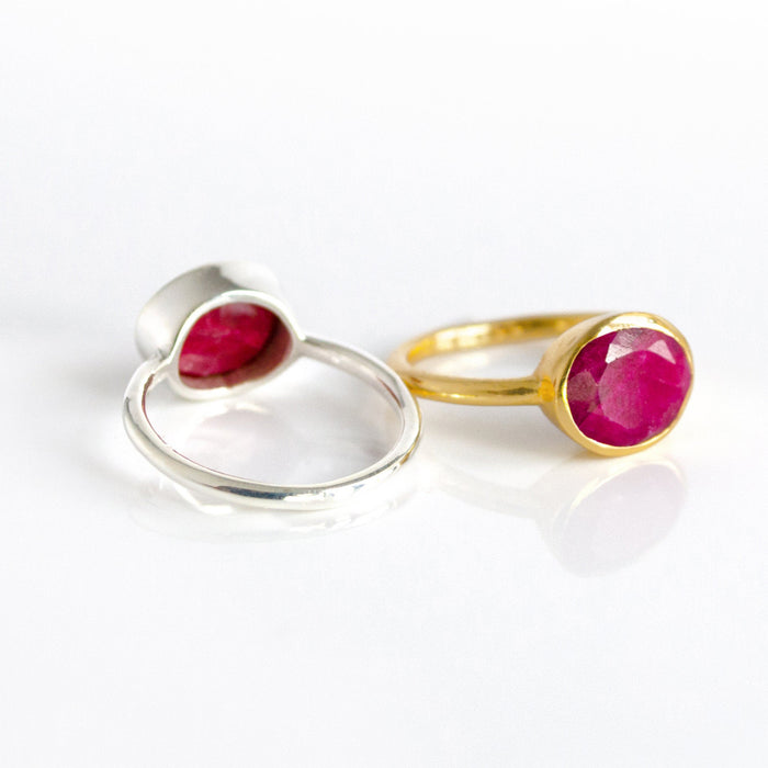 Oval Dyed Ruby Ring, Bezel Set July Birthstone Ring in Sterling Silver, Gold or Rose Gold