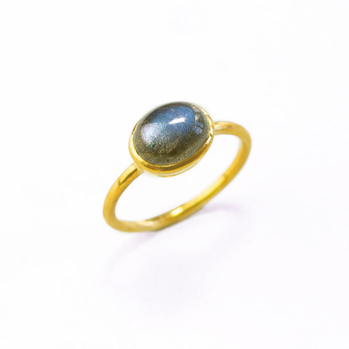 Oval Labradorite Cabochon Ring, Bezel Set Birthstone Ring in Sterling Silver, Gold or Rose Gold