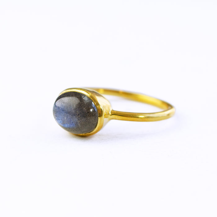 Oval Labradorite Cabochon Ring, Bezel Set Birthstone Ring in Sterling Silver, Gold or Rose Gold