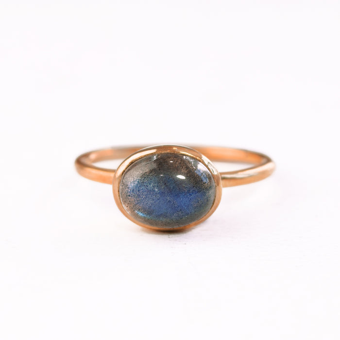 Oval Labradorite Cabochon Ring, Bezel Set Birthstone Ring in Sterling Silver, Gold or Rose Gold