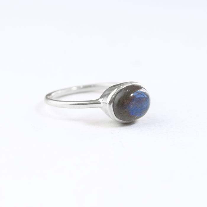 Oval Labradorite Cabochon Ring, Bezel Set Birthstone Ring in Sterling Silver, Gold or Rose Gold