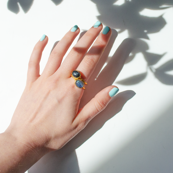Oval Labradorite Cabochon Ring, Bezel Set Birthstone Ring in Sterling Silver, Gold or Rose Gold